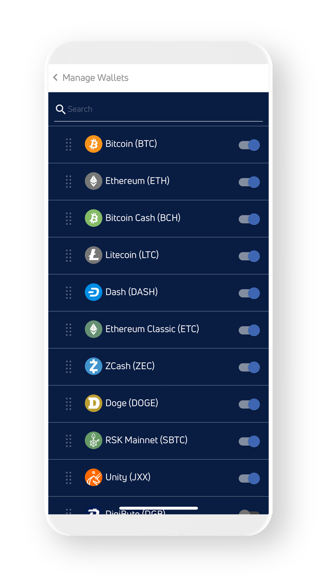 Supported assets in Jaxx Liberty wallet.