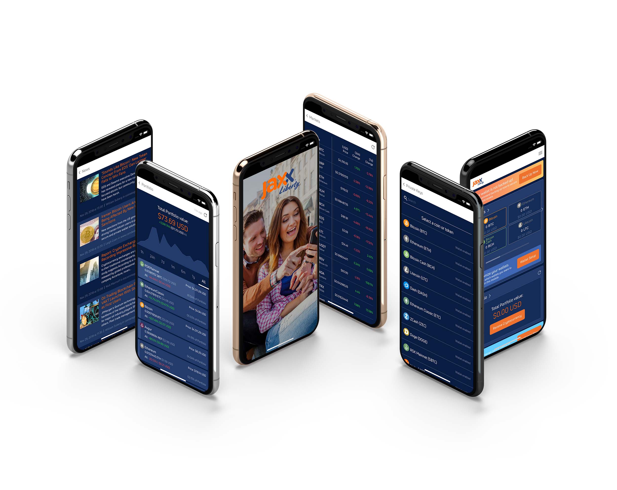 Jaxx Liberty wallet interface shown across iPhone screens