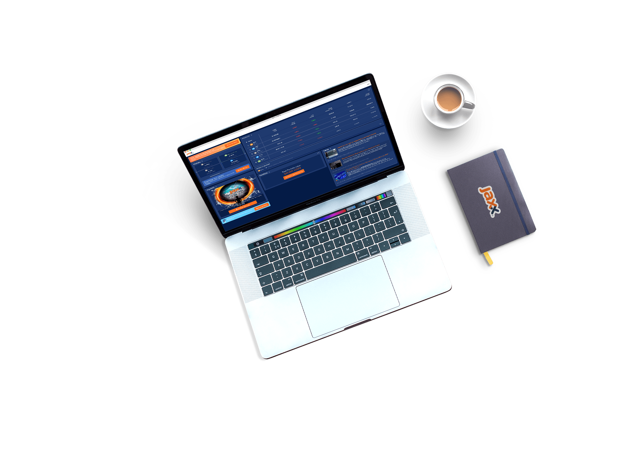 Jaxx Liberty open on a MacBook next to a coffee and notebook